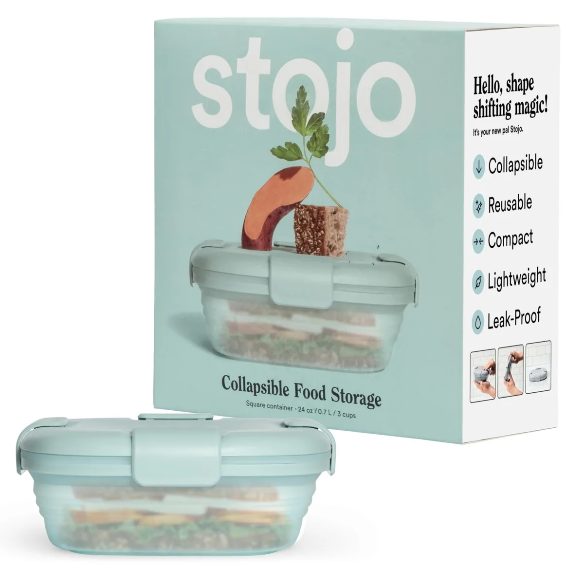 Collapsible red silicone sandwich box, 24oz capacity, expanded form