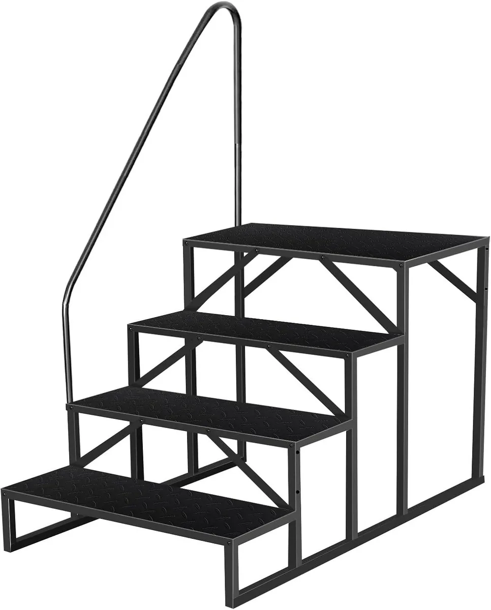Four-step steel ladder with single side handle, black finish