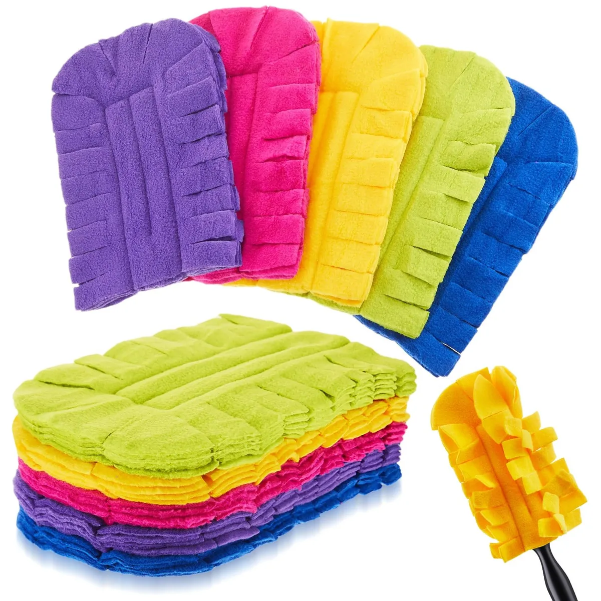 Twelve dark fleece duster refills laid flat, soft polyester rectangles about 7.3 by 4.4 inches