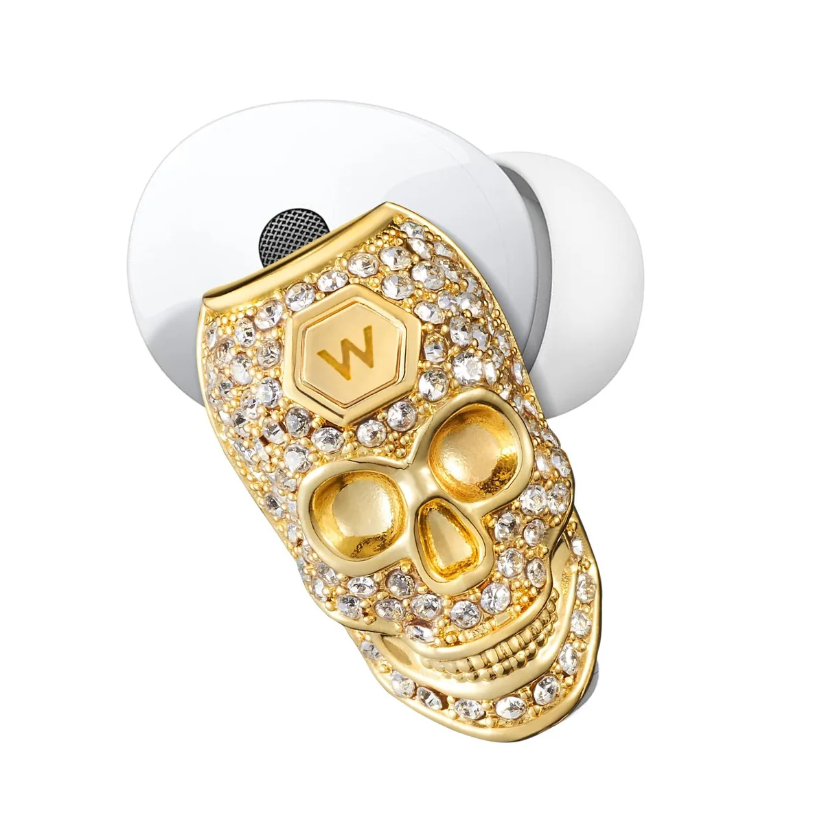 14K gold plated skull earbud hook with rubber ring, shown with portable box