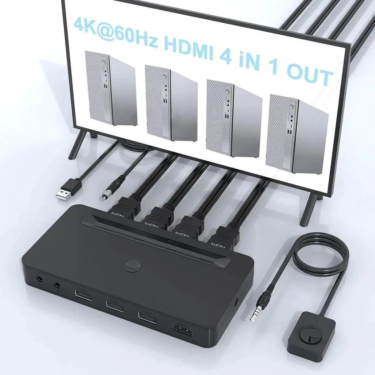 Vszerda Vszerda 4-Port 4K HDMI KVM Switch with 3 USB, 3.5mm Audio, 4 Cables &amp; Remote — product photo