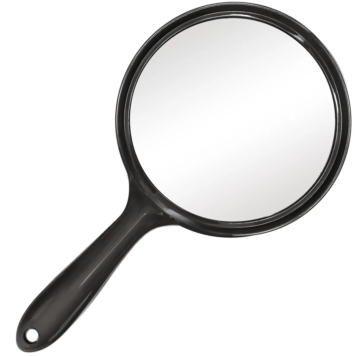 Black handheld mirror with handle, round 4.8 inch glass