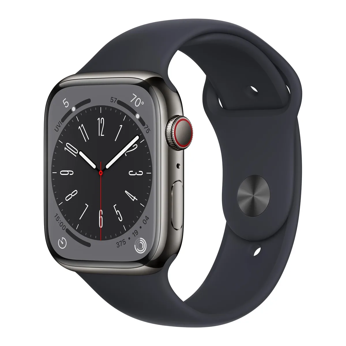 Apple Apple Watch Series 8 41mm GPS + Cellular Graphite Stainless Steel Midnight Sport Band M/L wearable technology — product photo