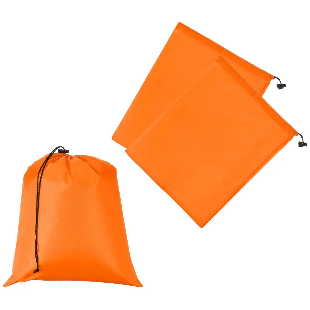 Three orange drawstring pouches, lightweight polyester, toggle closures, 25 by 30 cm each