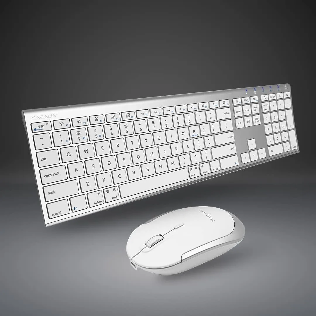 Silver Mac keyboard with 110 scissor keys and matching rechargeable mouse