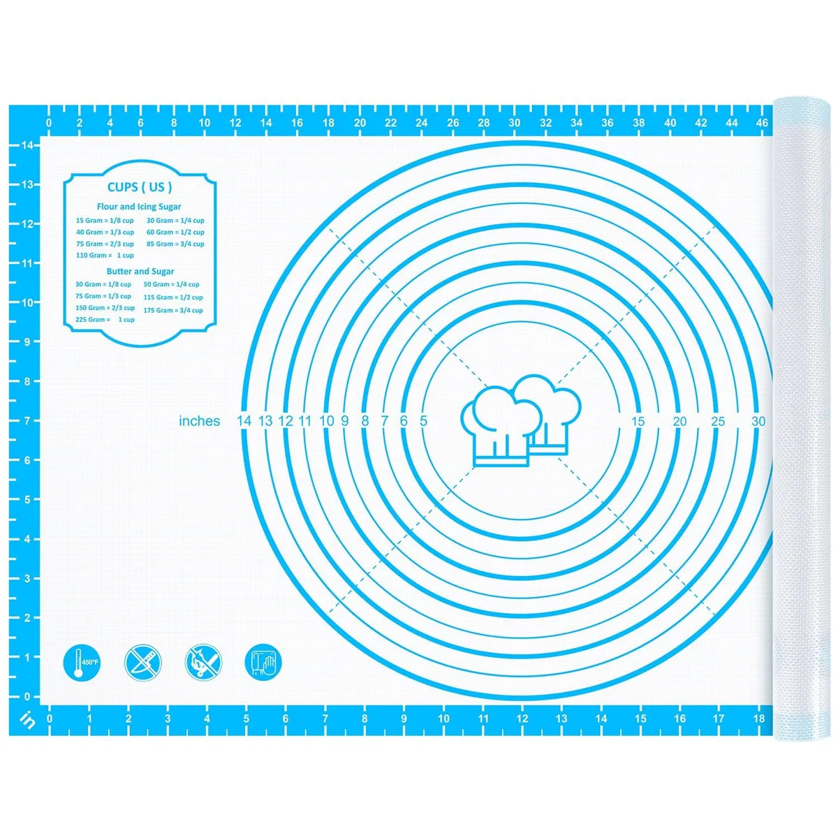 Blue rectangular silicone pastry mat with printed measurement markings, 26 by 16 inches