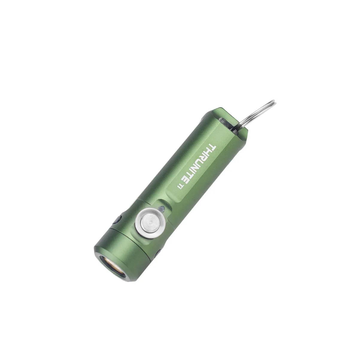 Dark green aluminium keychain flashlight, USB-C port, magnetic tailcap, pocket clip and split ring