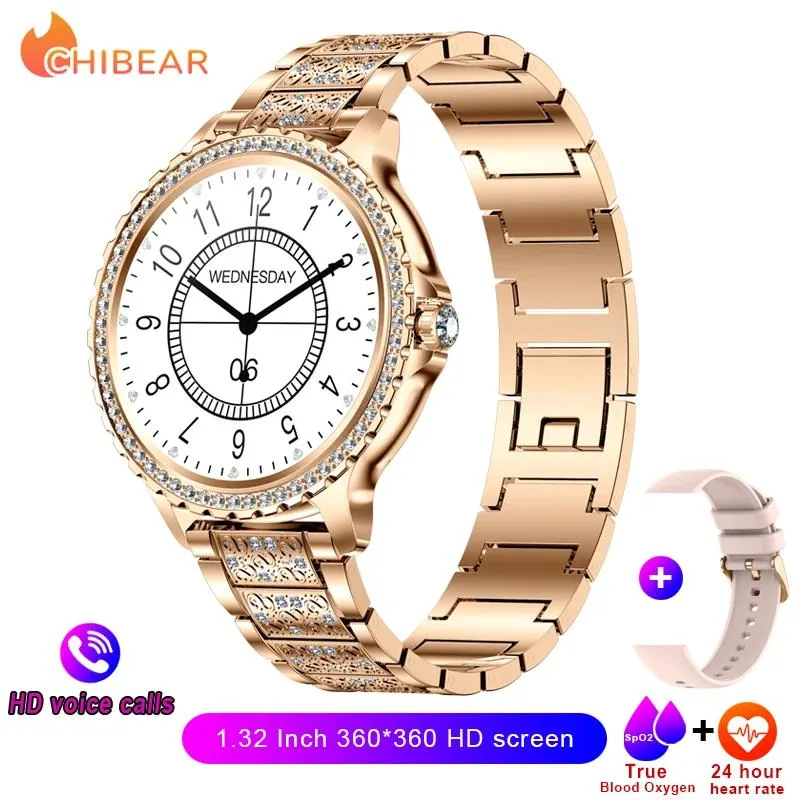 Round black smartwatch with 1.32 inch AMOLED screen and steel link bracelet band