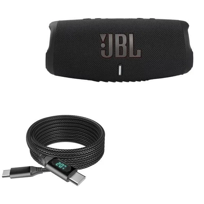 Black braided USB-C cable with inline LED wattage display, 6ft length