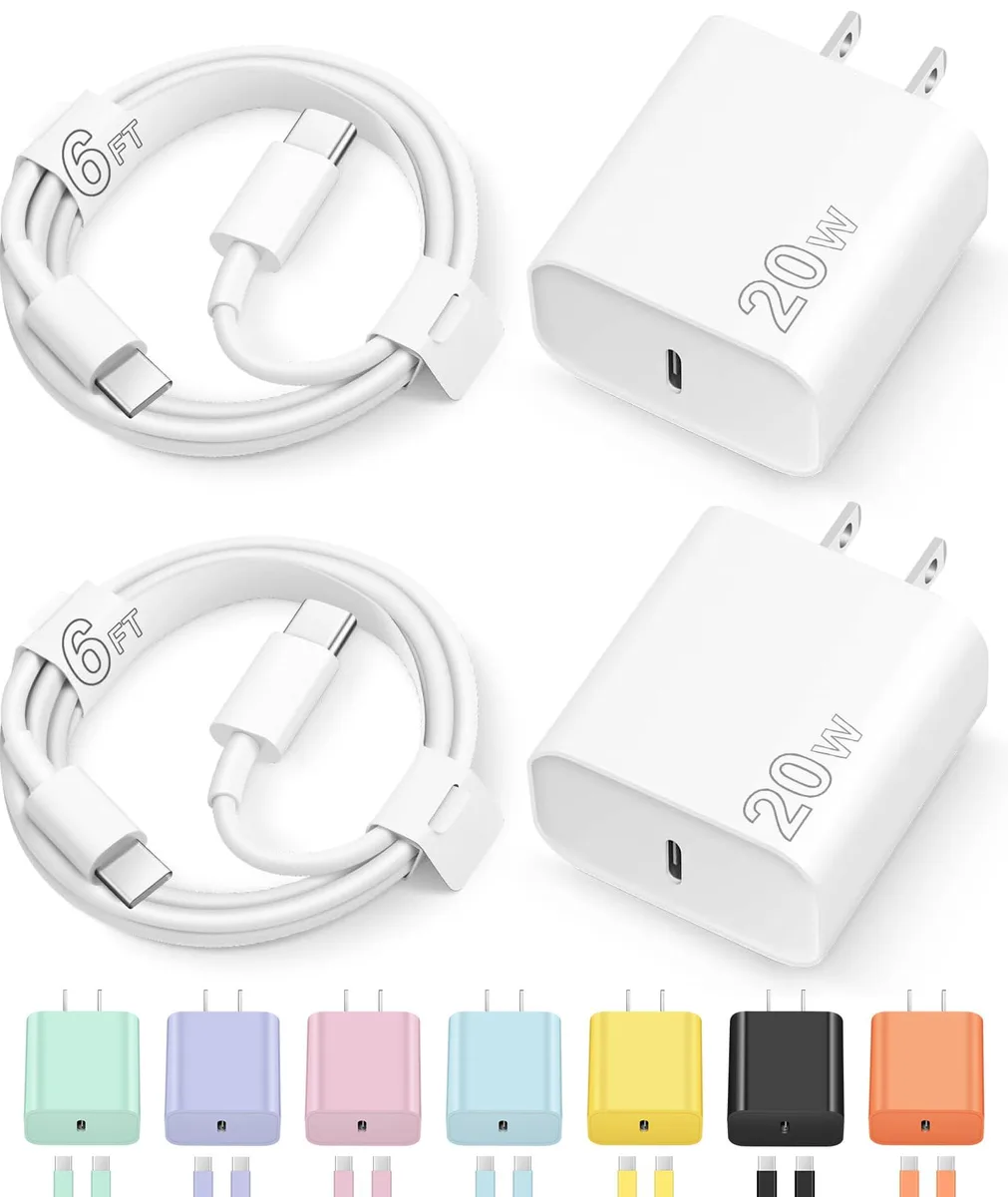 A white USB-C wall charger with a six-foot cable attached