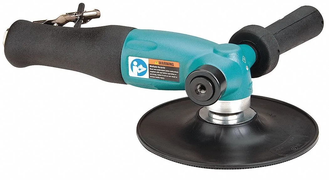 Right-angle pneumatic disc sander, silver aluminium body, 7-inch threaded pad, side exhaust, 3/8 NPT inlet