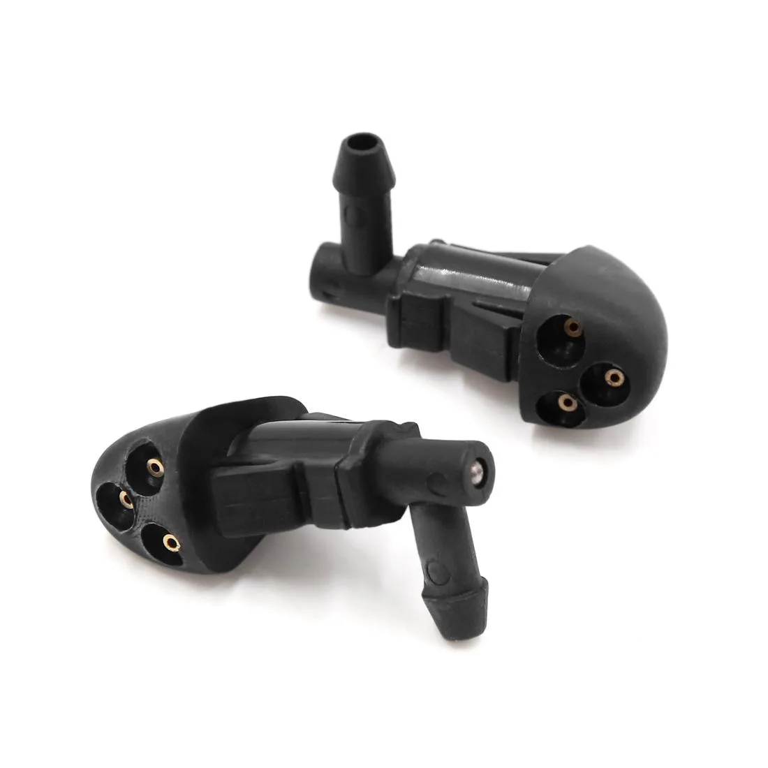 Two black plastic windshield washer nozzles, rectangular with three spray holes, 25 x 22 x 38 mm