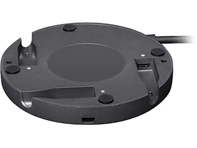 Black Logitech Rally Mic Pod Hub, compact rectangular unit with three connection ports