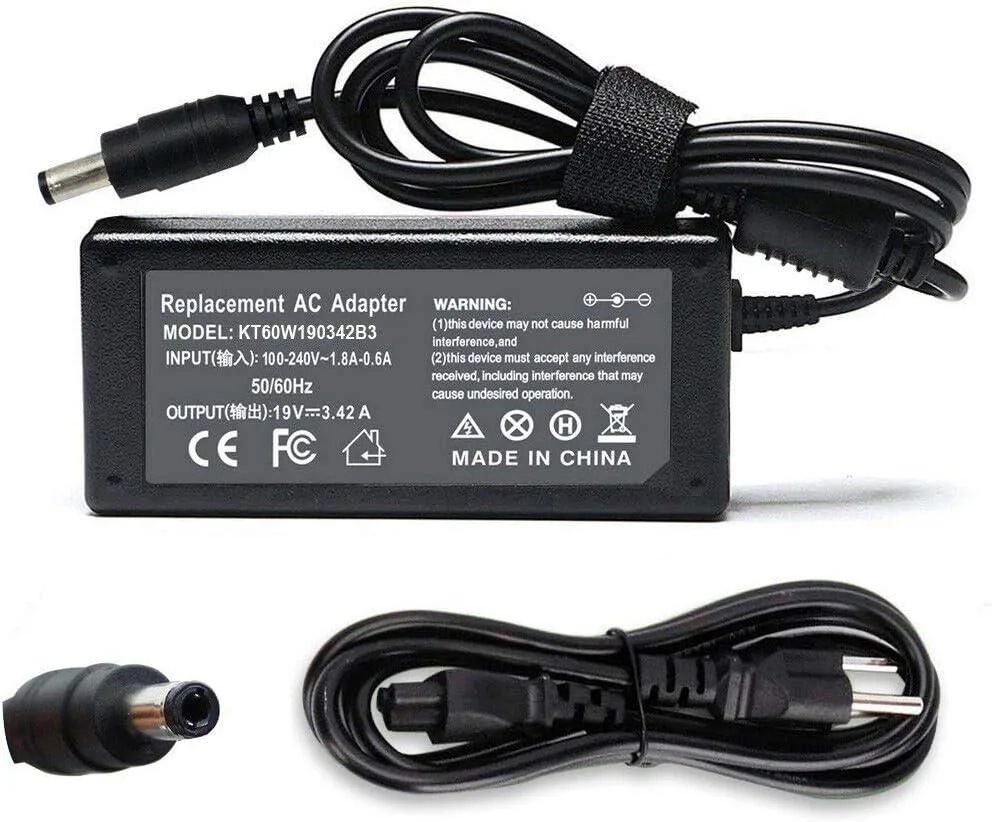Black rectangular AC adapter with barrel connector and two cables