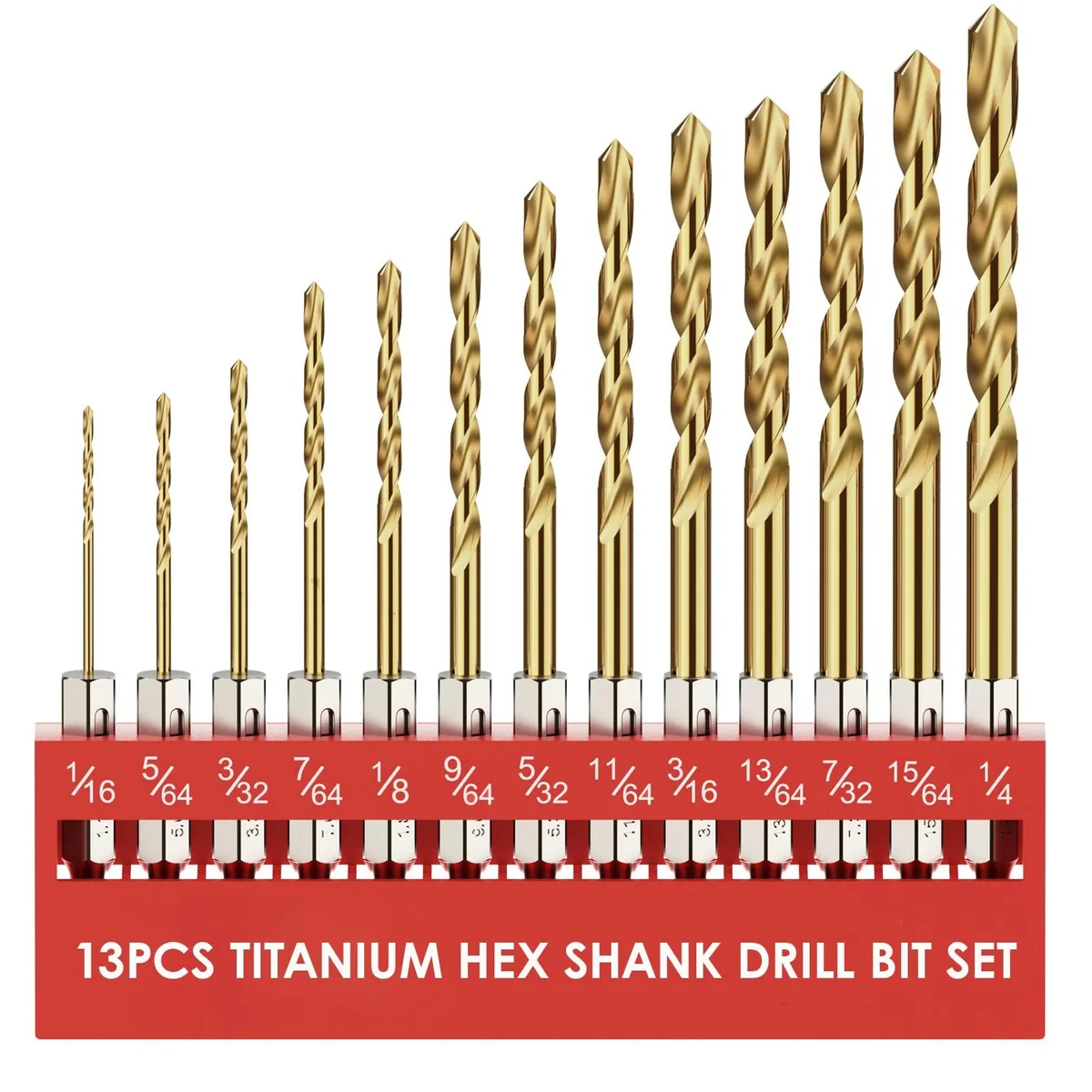 Thirteen titanium coated twist drill bits with hex shanks in a chrome indexed holder