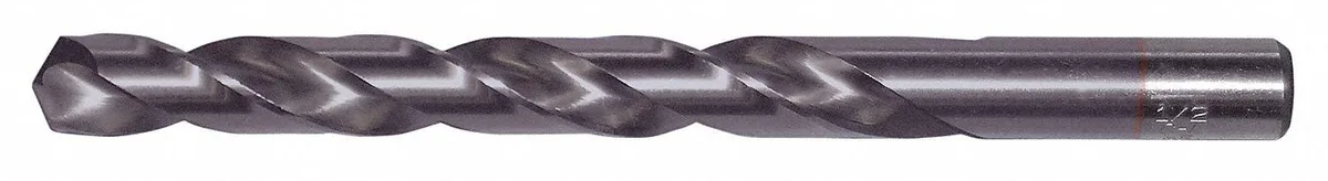 Silver cylindrical twist drill bit with split point tip and black oxide shank, 31/64 inch size