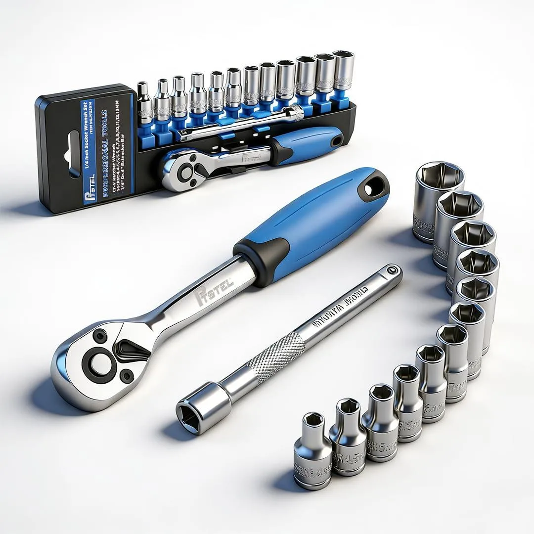 A 14-piece 1/4 inch socket set in a plastic rack with a 72-tooth ratchet and extension bar
