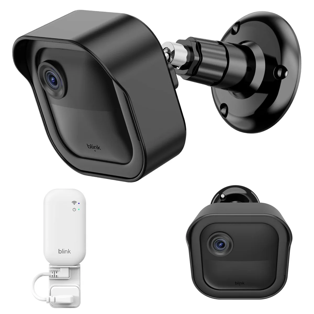 Black plastic wall mount for Blink Outdoor cameras with 360° rotation and 90° tilt, includes Sync Module holder