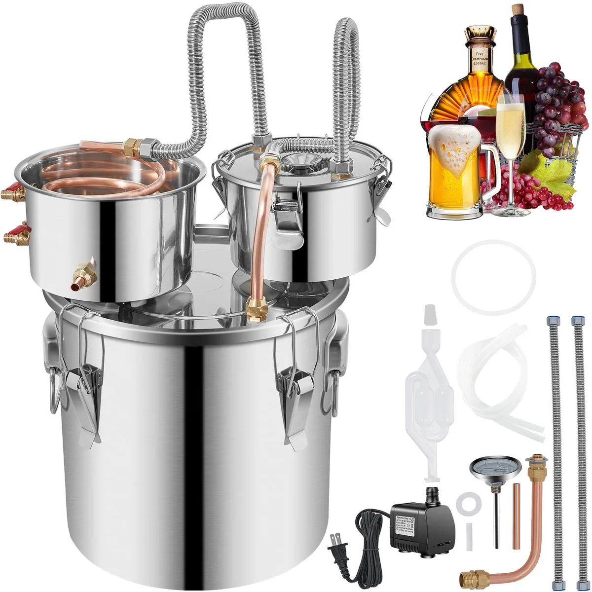 VEVOR VEVOR 5 Gallon Stainless Steel Alcohol Still with Copper Tube &amp; Double Thumper Keg — product photo