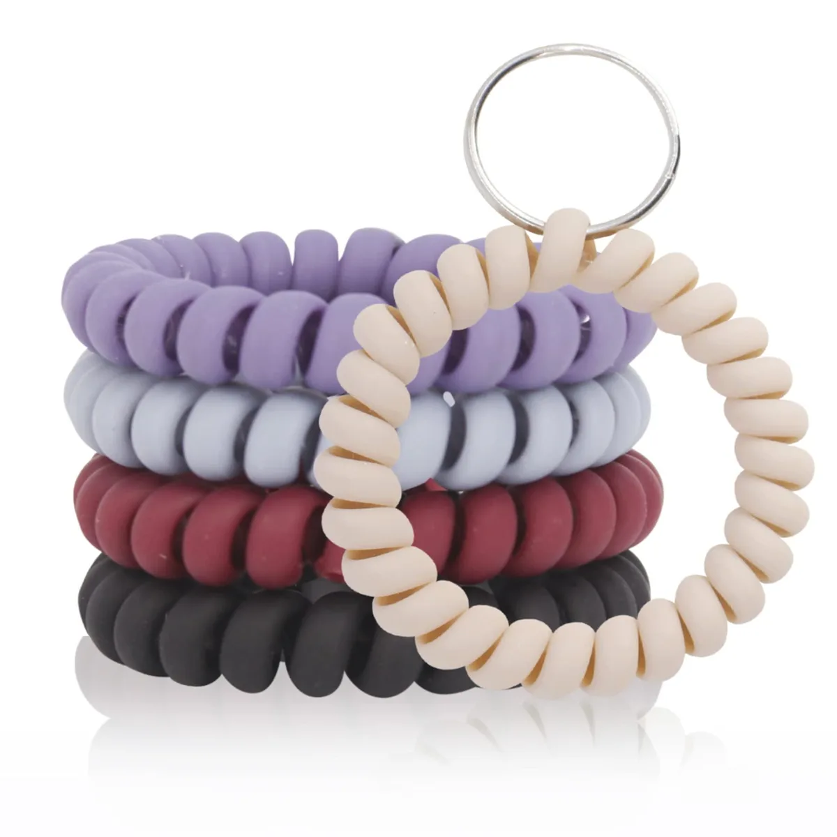 Pack of five colourful plastic spiral wrist coils with metal key rings