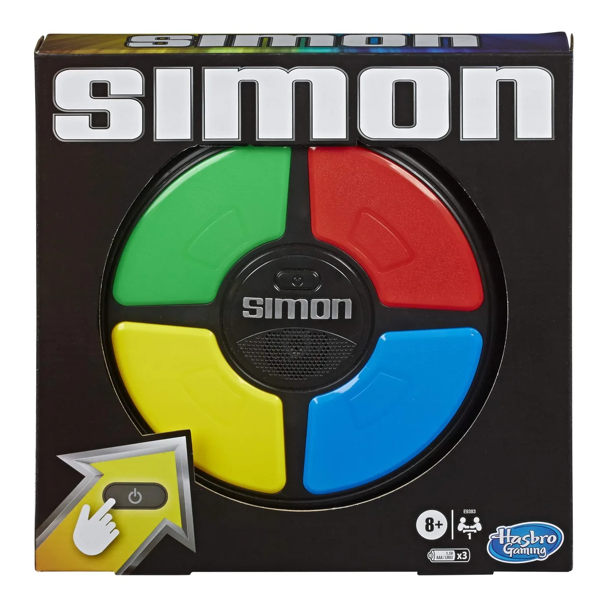 Black square handheld game with four coloured buttons and digital display