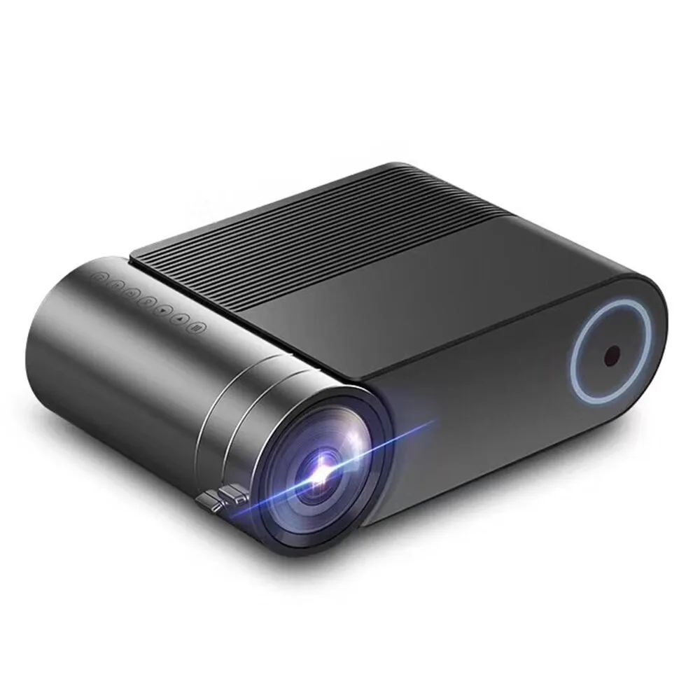 Compact black rectangular projector with lens and front controls
