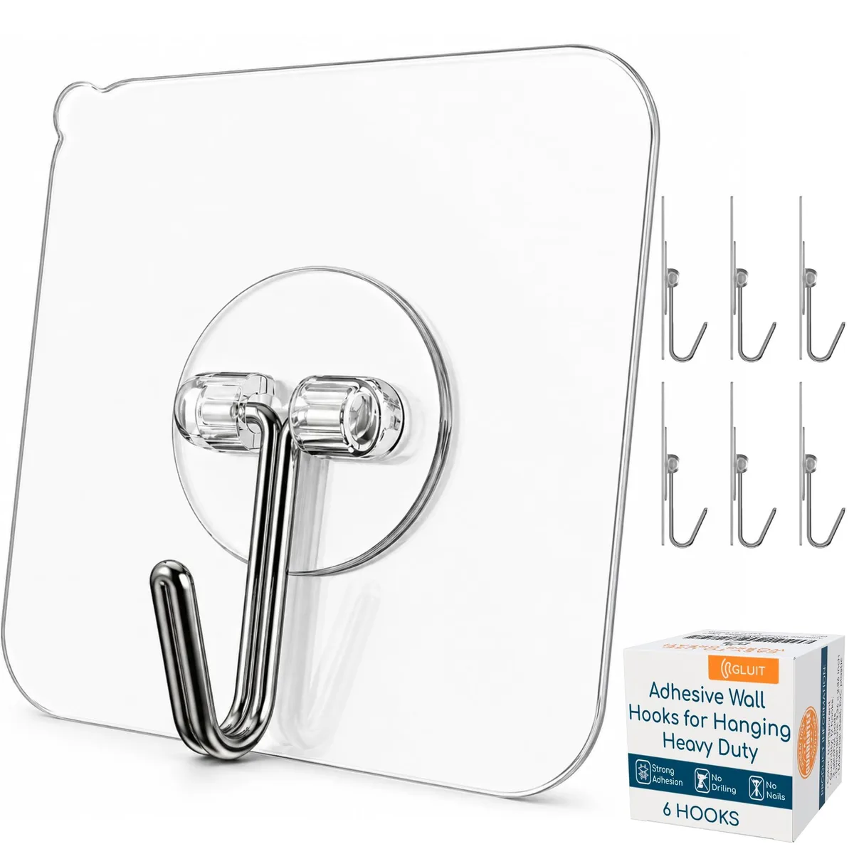 Six transparent adhesive hooks on a backing card