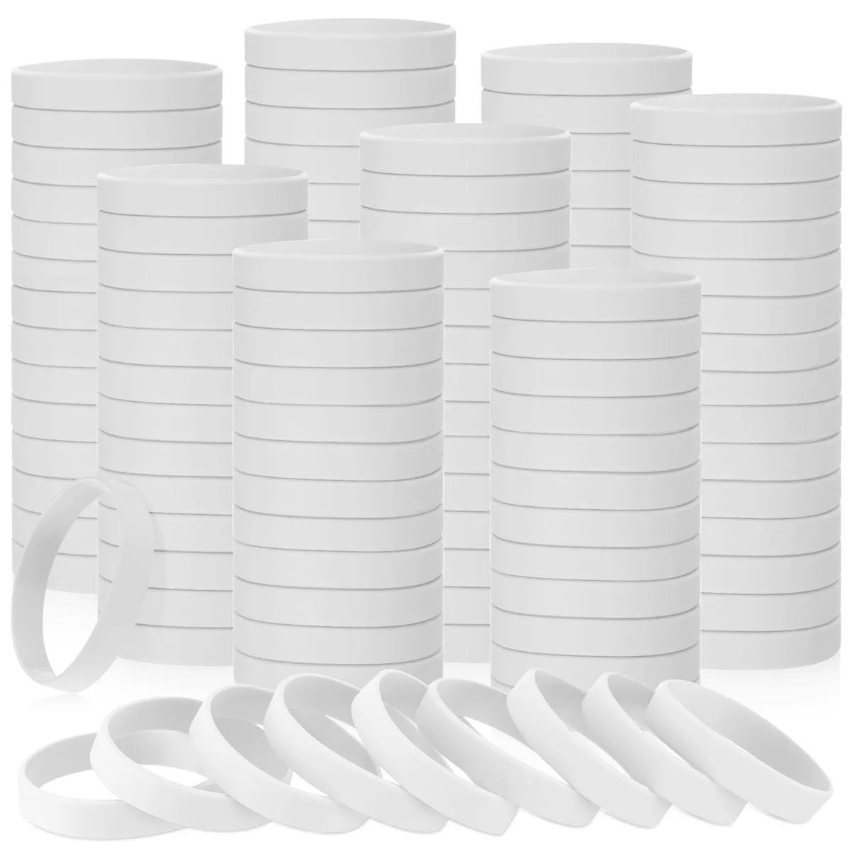 A stack of fifty plain white silicone wristbands, each about 7.95 inches around, soft and flexible
