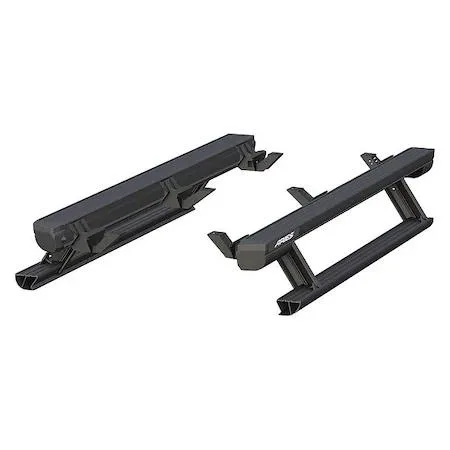 Black rectangular powered running board with integrated motor housing and textured step surface