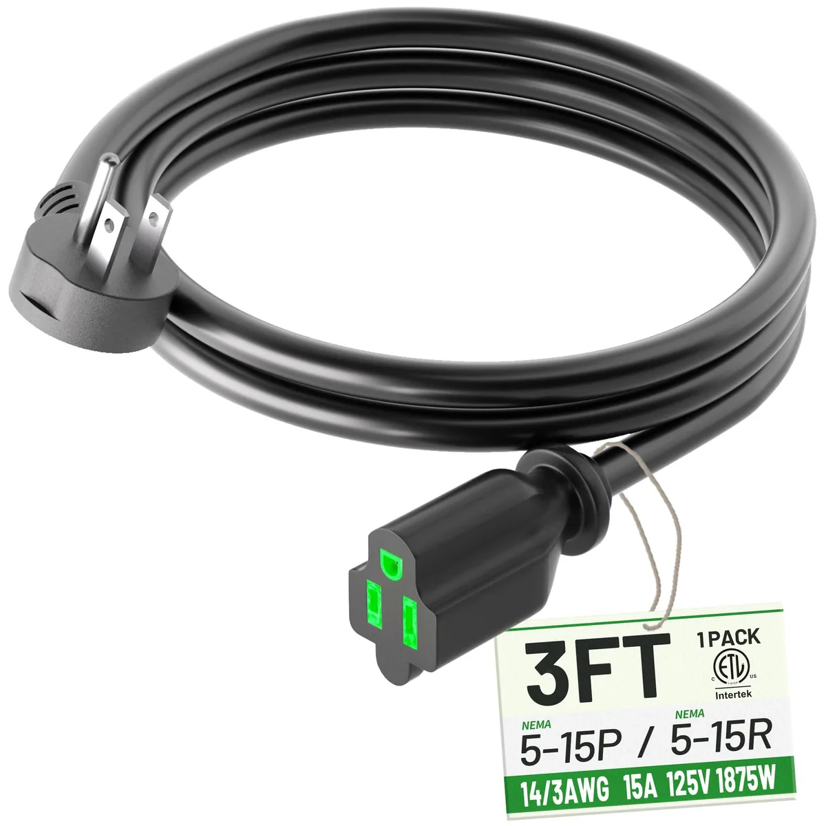 Three-foot black flat-plug extension cord with three-prong connectors