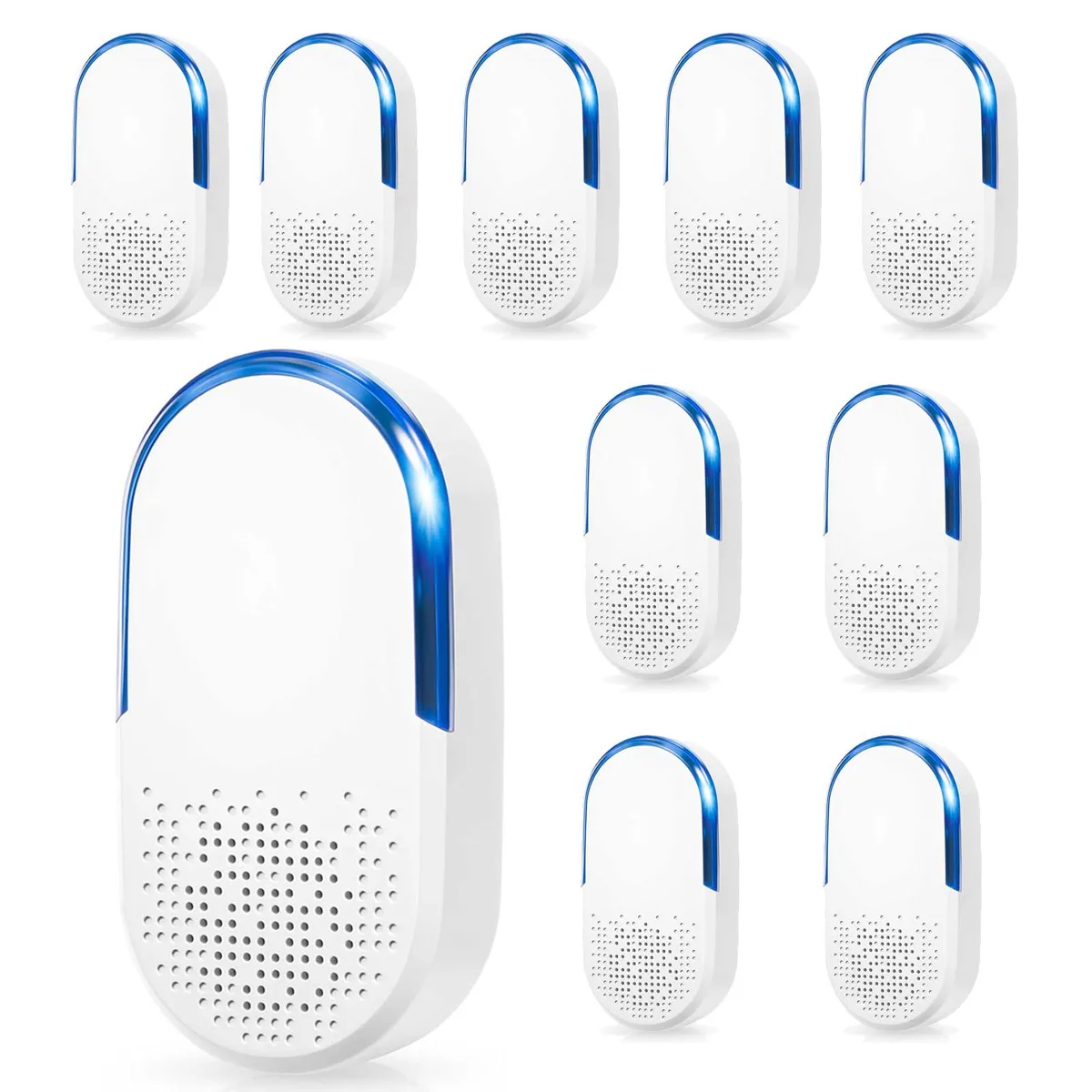 Ten small white plug-in pest repellers with indicator lights