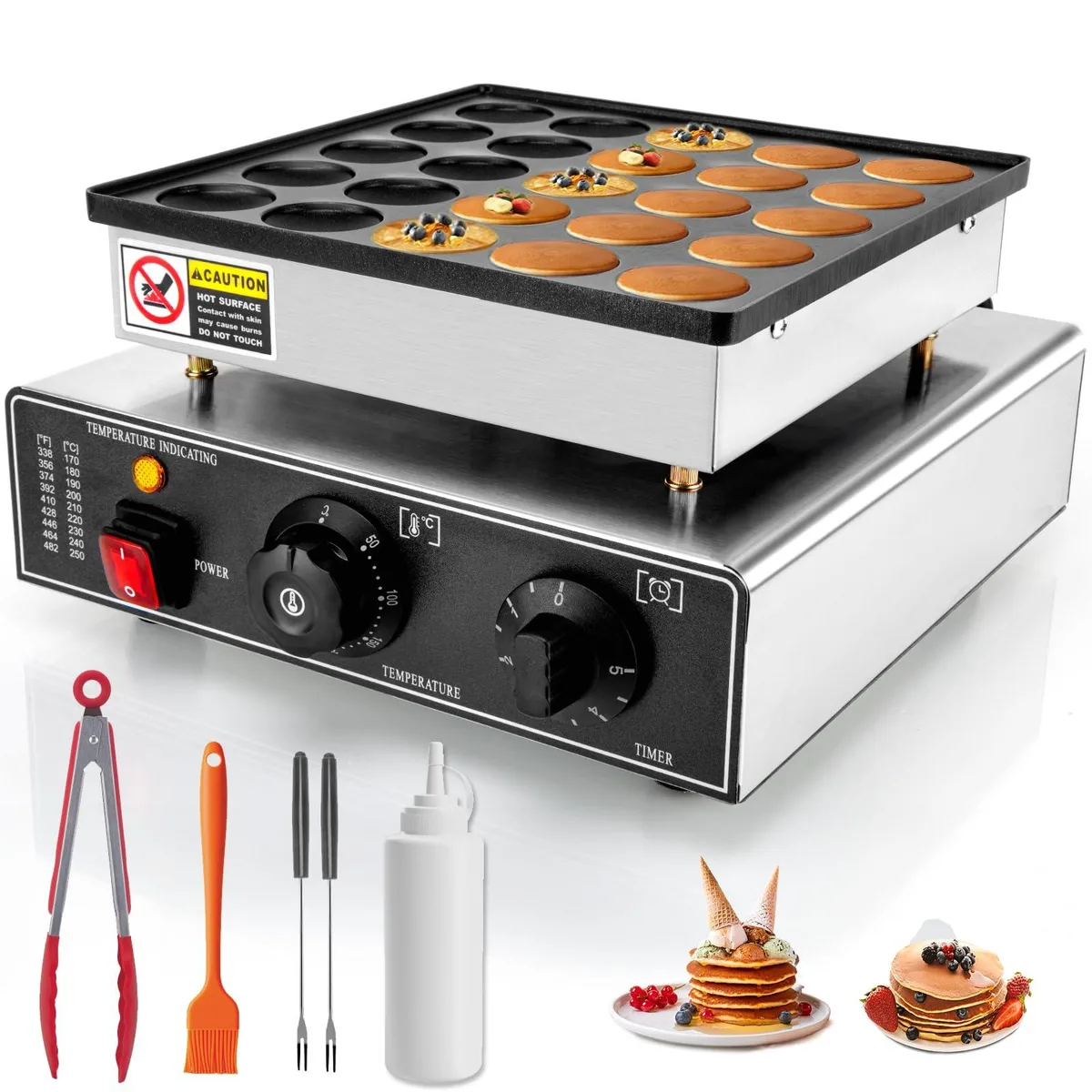 Black stainless steel mini pancake maker with 25 round cavities and control knobs