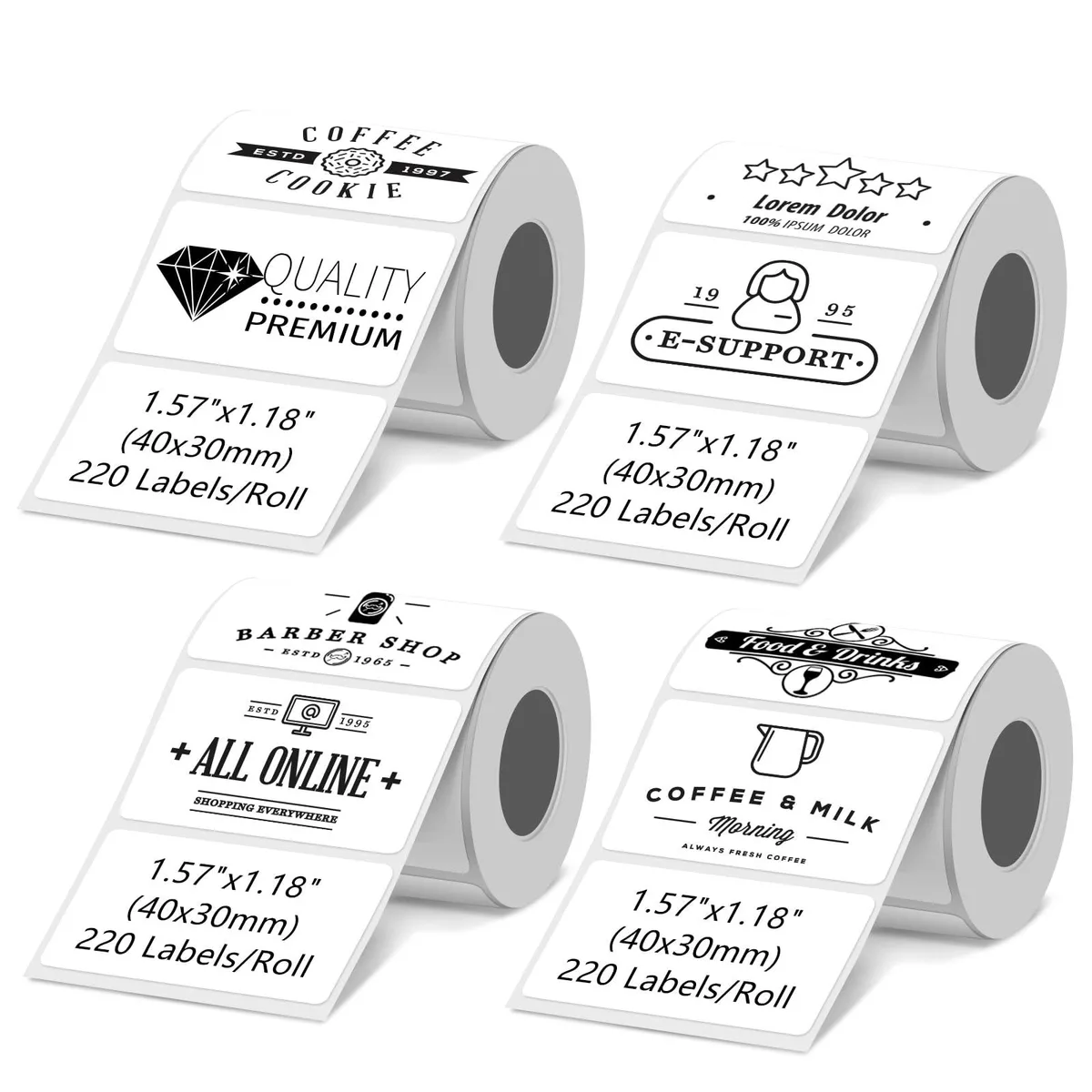 Four rolls of white thermal labels in rectangular sheets