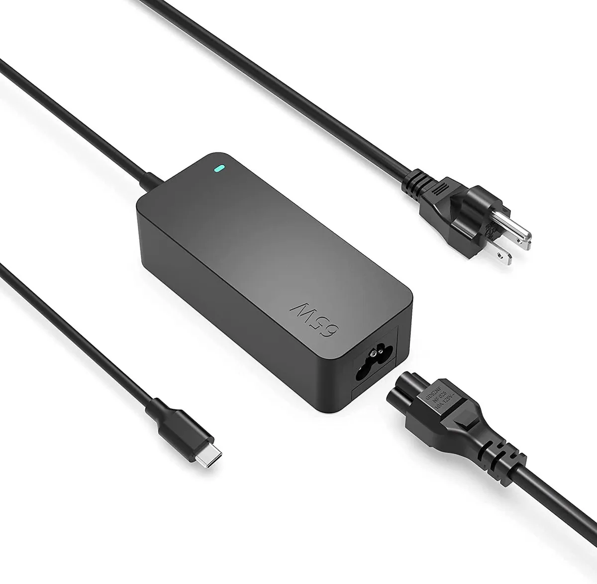 White rectangular 65W USB-C laptop charger with detachable power cord