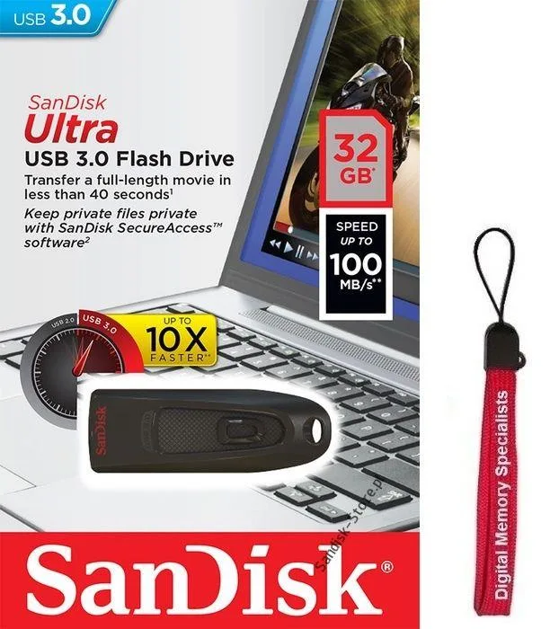 SanDisk SanDisk Ultra 32 GB USB 3.0 Flash Drive 100 MB/s SDCZ48-032G + Lanyard — product photo