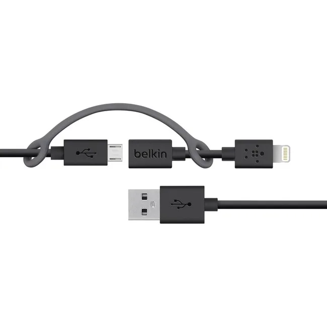Black Micro-USB cable with Lightning adapter, three feet long