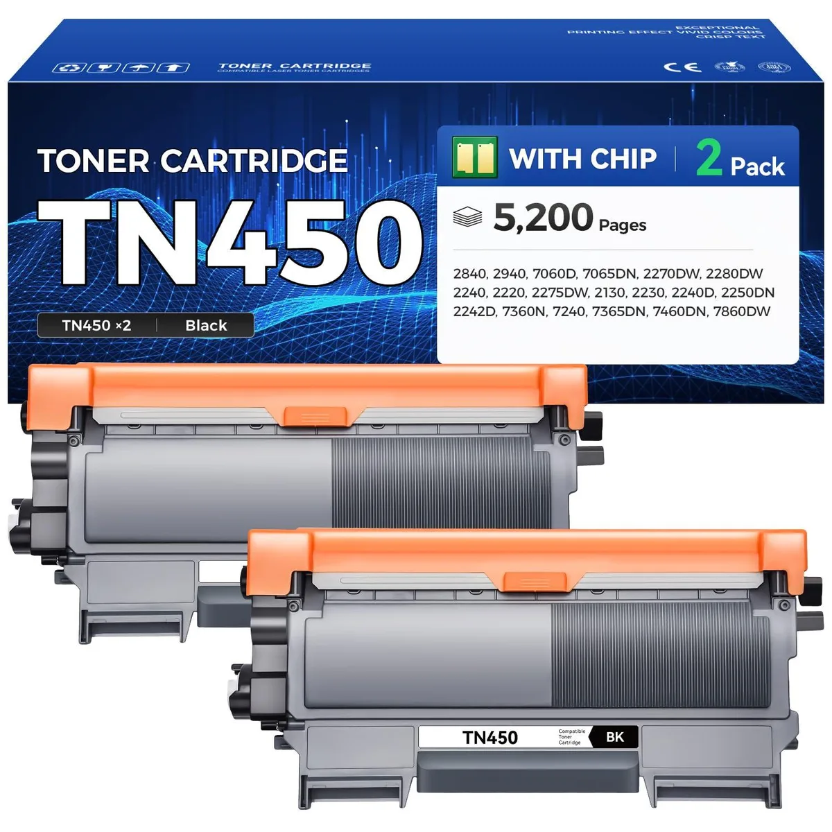 Two black rectangular toner cartridges in sealed packaging