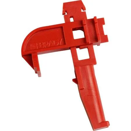 Two red modular fuse lockout devices on a light surface