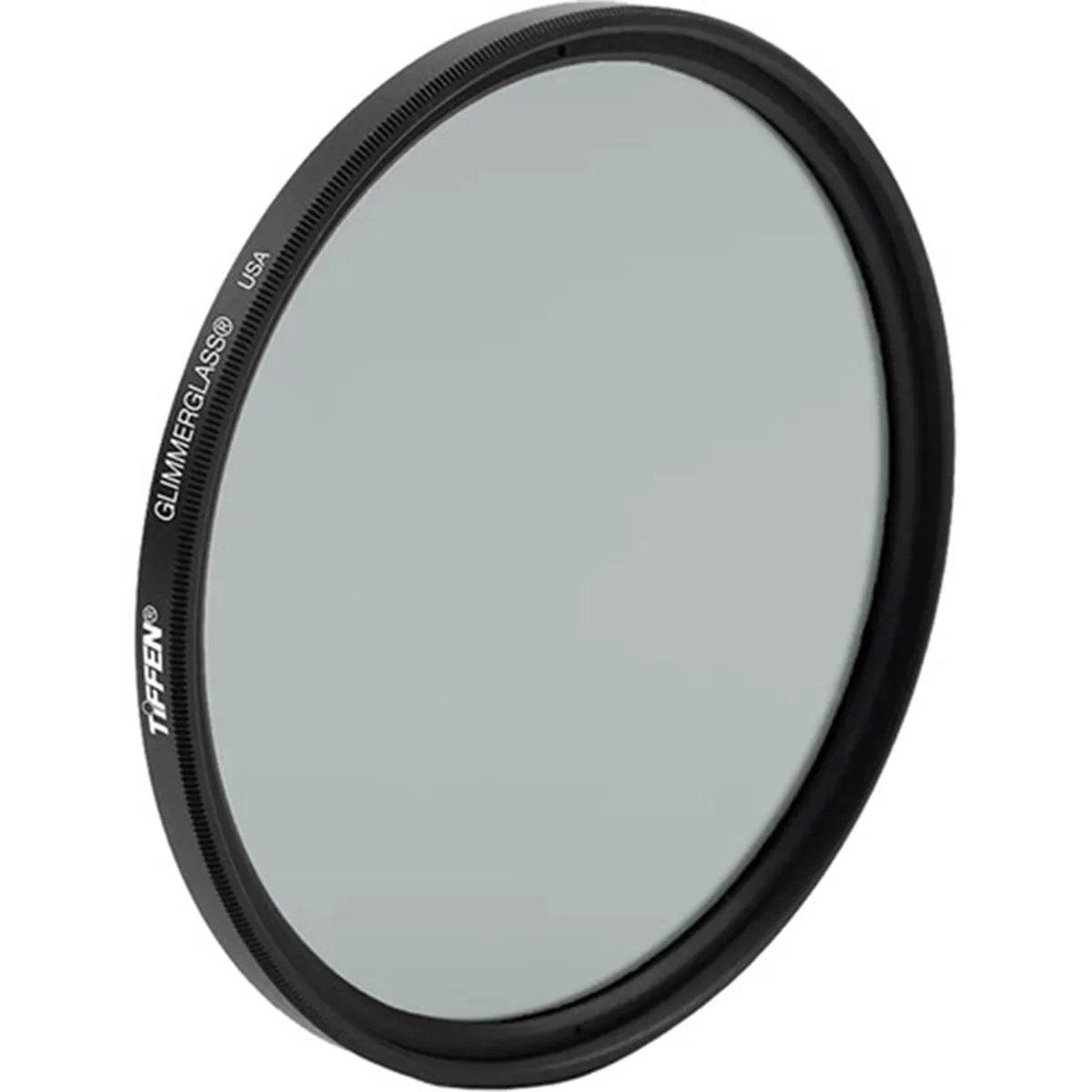A round 43mm camera filter with a clear glass disc in a thin aluminium ring