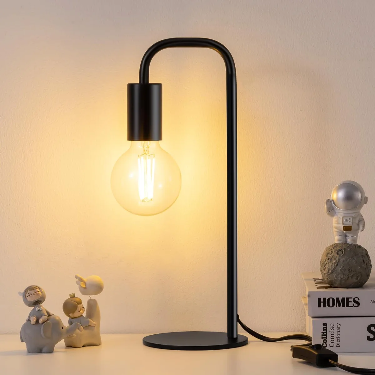 Small black metal table lamp with glossy finish, push-button cord switch, E26 socket, 13.5 inches tall