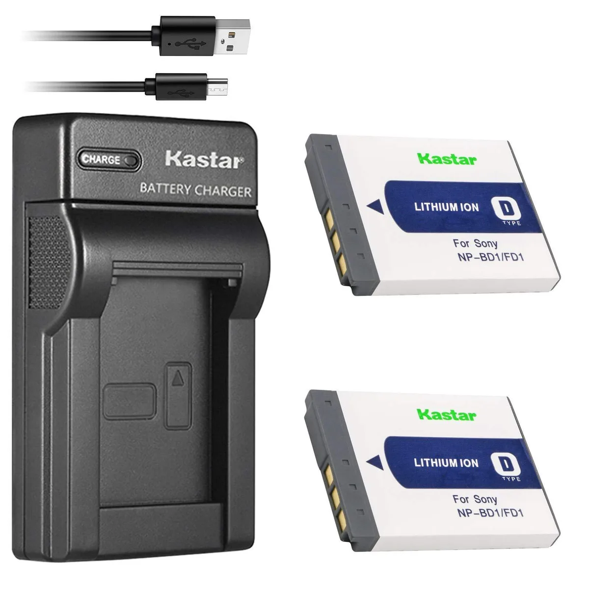  Kastar 2-Pack NP-BD1 Battery + Slim USB Charger — product photo