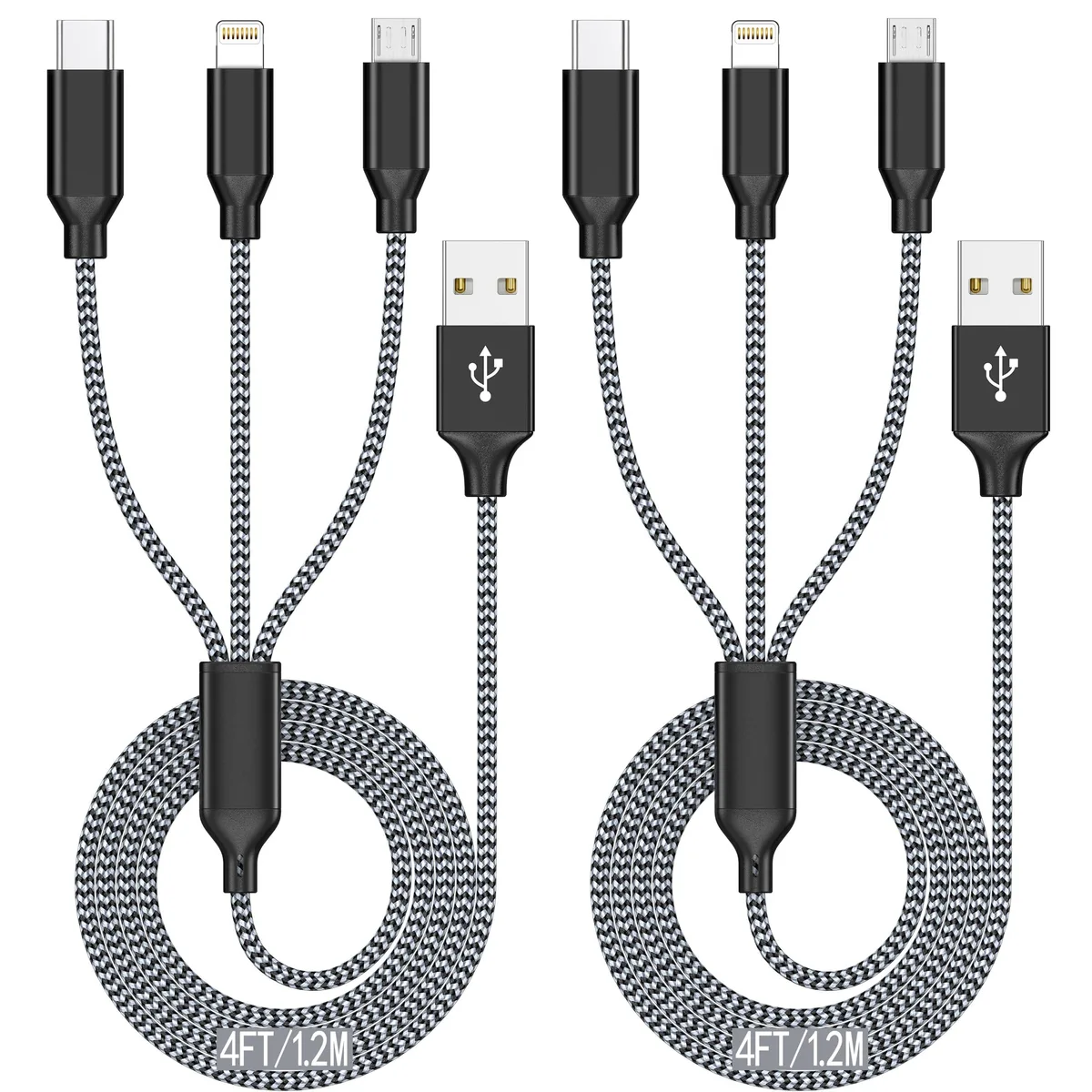 Orange nylon-braided cable with Lightning, USB-C and Micro-USB tips