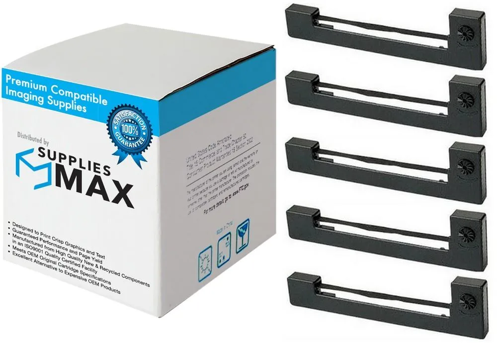 Five black printer ribbons in individual plastic cartridges