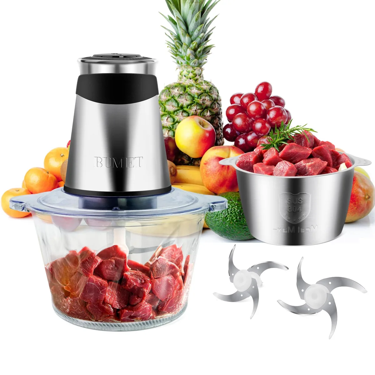 Silver electric food processor with two stackable bowls and four blades