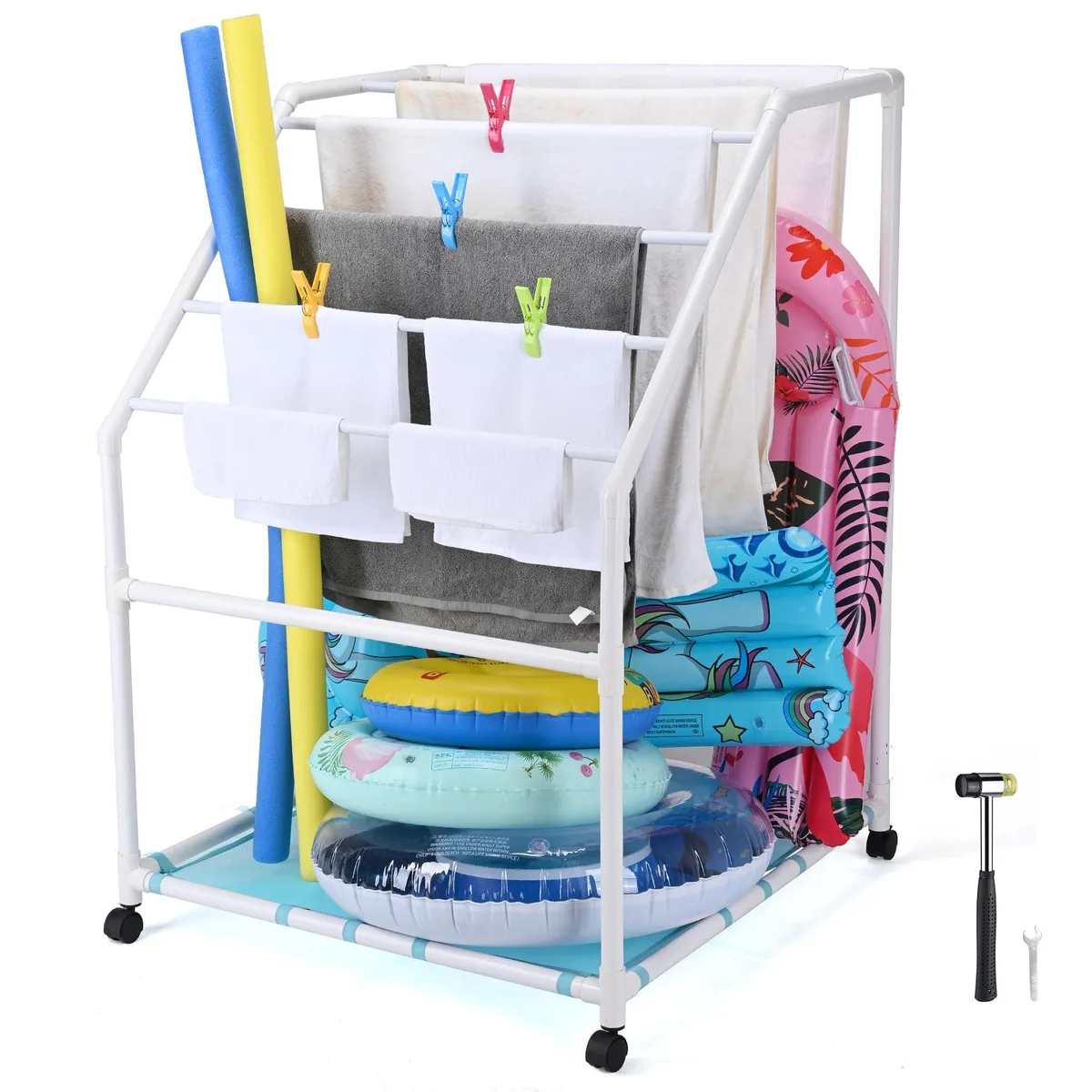Yescom USA, Inc. Yescom USA, Inc. 06PTR001-7BAR-03 7-bar PVC pool towel rack with 4 lockable wheels — product photo