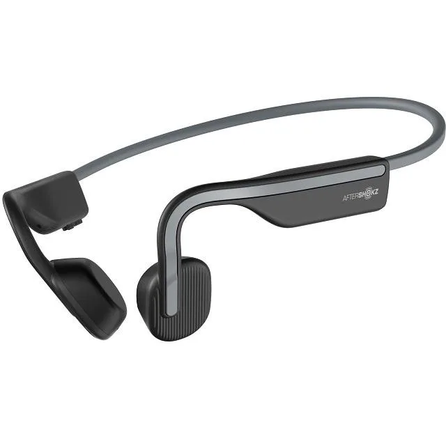 Slate-grey open-ear bone conduction headphones with neckband IP55