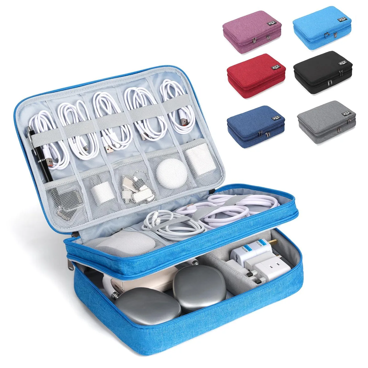 Sky blue double-layer electronic organizer with padded dividers and carry handle