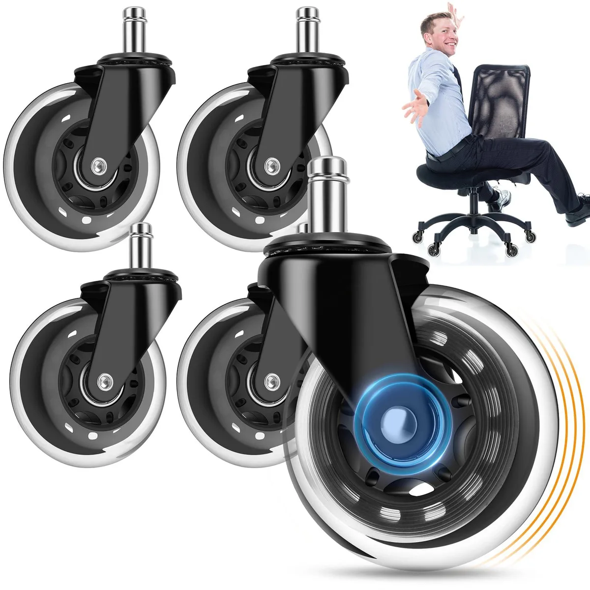 Metra 3 Inch Office Chair Wheel Set of 5 Stem Mount Transparent Black — product photo
