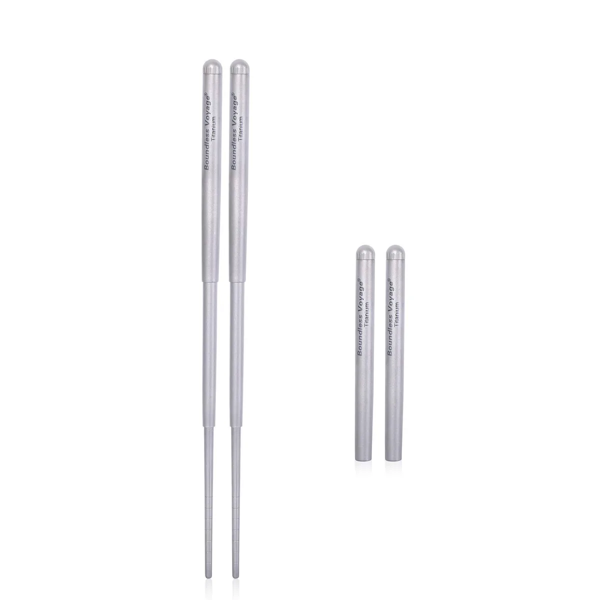 Seven black titanium chopsticks with telescopic shafts and coiled tips, shown folded and extended