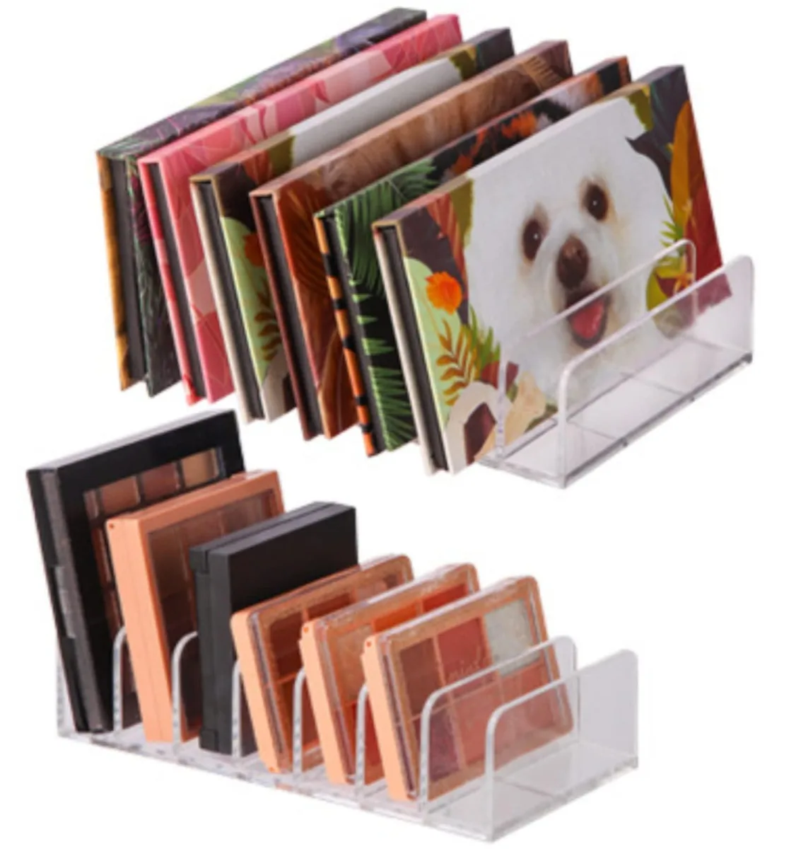 Two clear acrylic cosmetic organiser trays with removable dividers